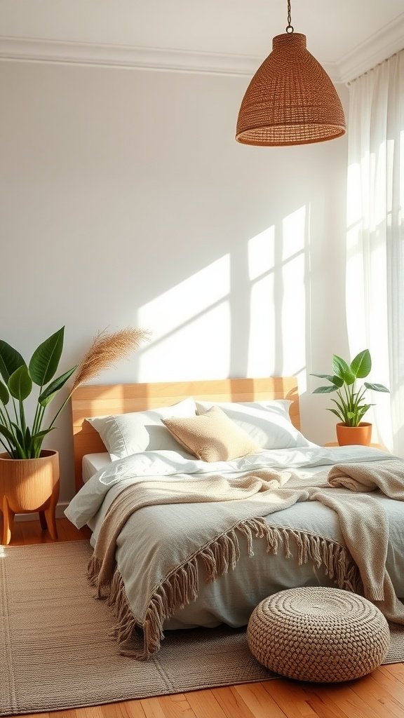 A serene Boho bedroom with a wooden bed, soft bedding, plants, and natural light.