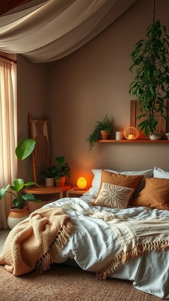 A cozy boho bedroom with warm colors, plants, and soft lighting