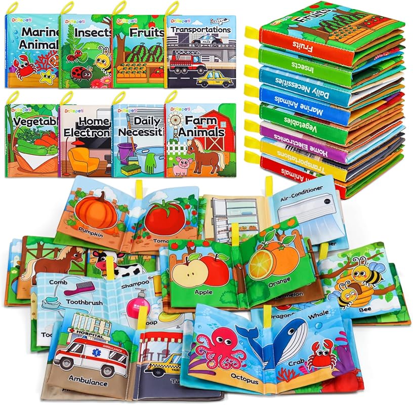 Dr.Rapeti 8-Pack Soft Cloth Bath Books with Crinkle Pages, Washable & 